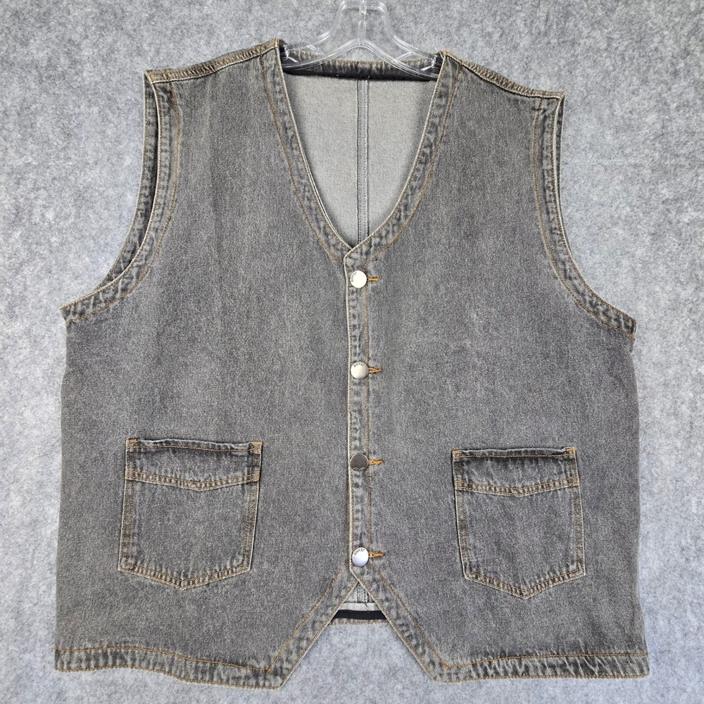 Fashion Denim Vest Mens Fits XL Grey‎ Regular Button Front Patch Pockets Utility